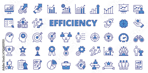 Efficiency icons in line design, blue. Efficiency, productivity, optimization, performance, effectiveness, business isolated on white background vector. Efficiency editable stroke icons.