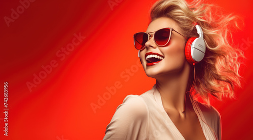 woman with sunglasses and headphones smiling on red background