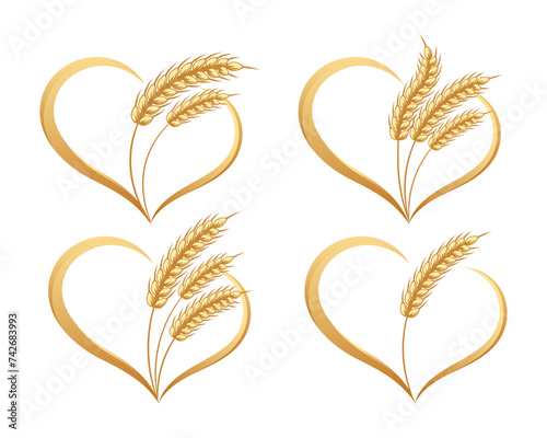 Abstract icons of spikelets of wheat with heart, set. Logos, badges, decor elements, vector