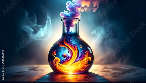 A glowing potion bottle radiates with fiery and cool hues, emitting a magical smoke against a dark backdrop.