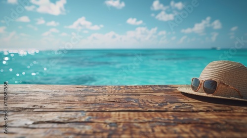 A tranquil scene with a plain wooden surface in the bottom half  decorated with sunglasses and a hat on the right. The background is a blur of the turquoise sea.