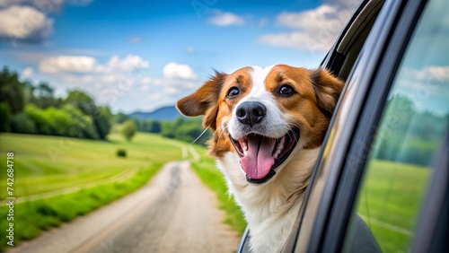 Cute dog looking out of car window. Traveling with pet concept