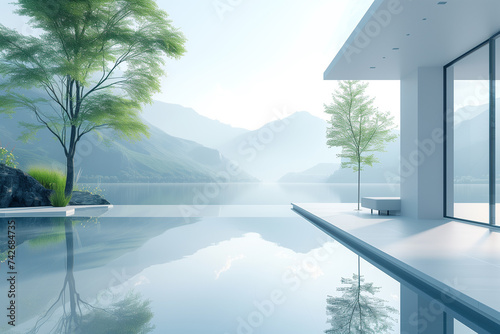 A tranquil lakeside view reflected on the pristine white walls. © AI ARTISTRY