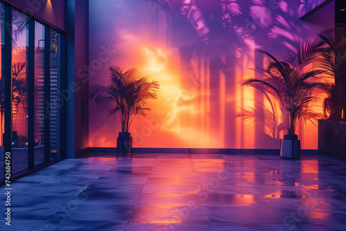 A striking sunset mural with vivid hues of orange and purple, transforming the space into a dreamy oasis.
