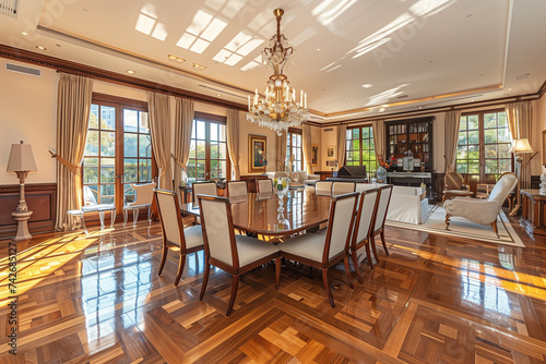 An airy dining room with a polished hardwood floor and an elegant chandelier hanging from the ceiling.