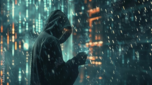 A solitary hooded figure st...