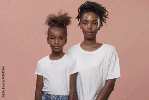 madre e hija afroamericanas bellas y sonrientes, ambas con pelo corto rizado, y recogido,  posando camisetas blancas y fondo rosa photo