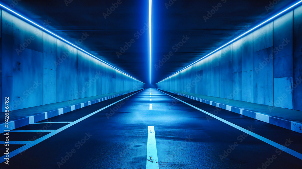 Futuristic Corridor with Blue Lights: Abstract Tunnel Design, Emphasizing Modern Technology and Space