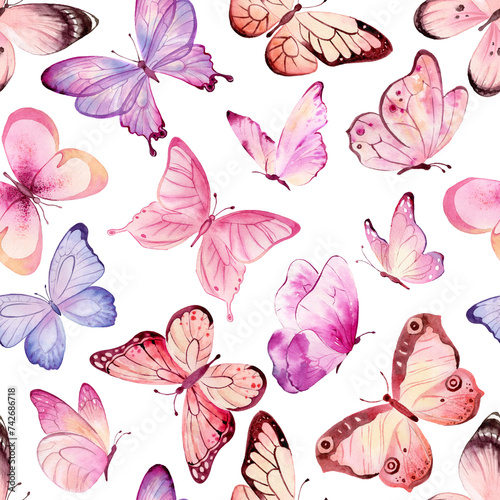 Butterfly seamless pattern. Watercolor illustration. Pink and lilac butterflies repeating print. Floral background © Nataliya Kunitsyna