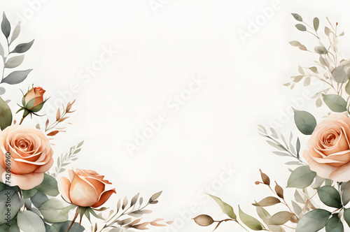 Watercolor illustration of peach roses and leaves in pastel colors on a white background with space for text