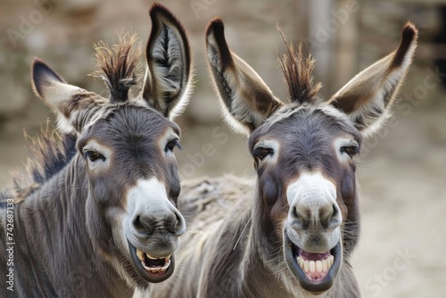 two funny laughing donkeys outside