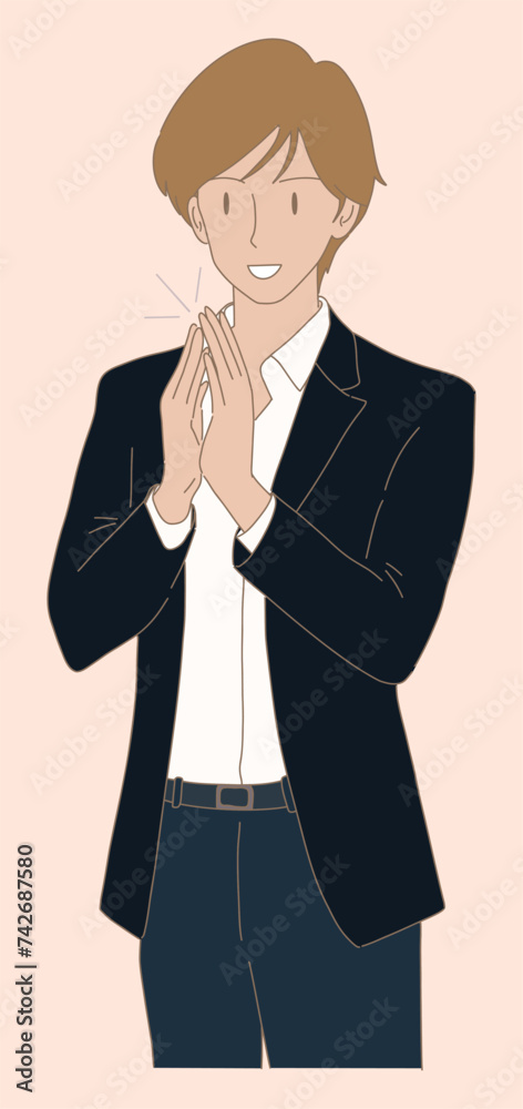 Cheerful businessman in formal clothes clapping, applauding hands, showing appreciation. Hand drawn flat cartoon character vector illustration. Cheerful businessman in formal clothes clapping, applauding hands, showing appreciation. Hand drawn flat cartoon character vector illustration.