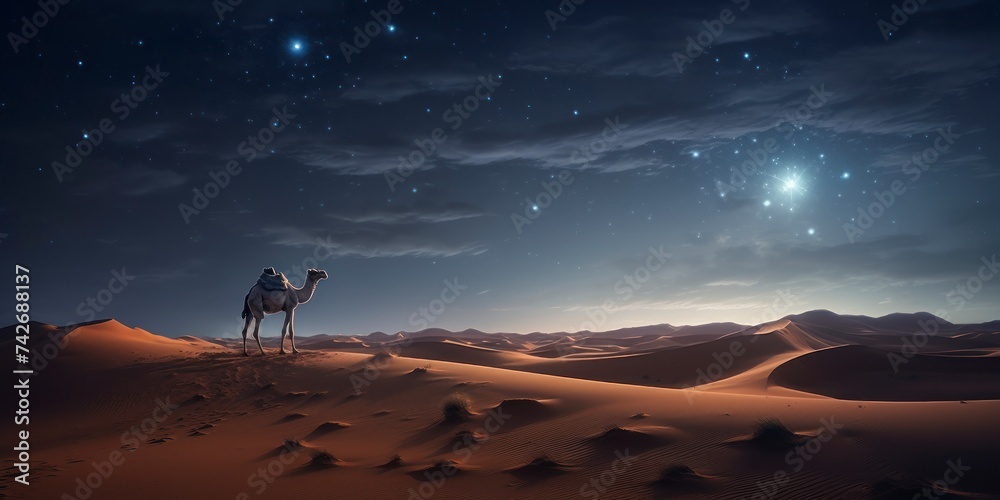 Camel in the desert at night.