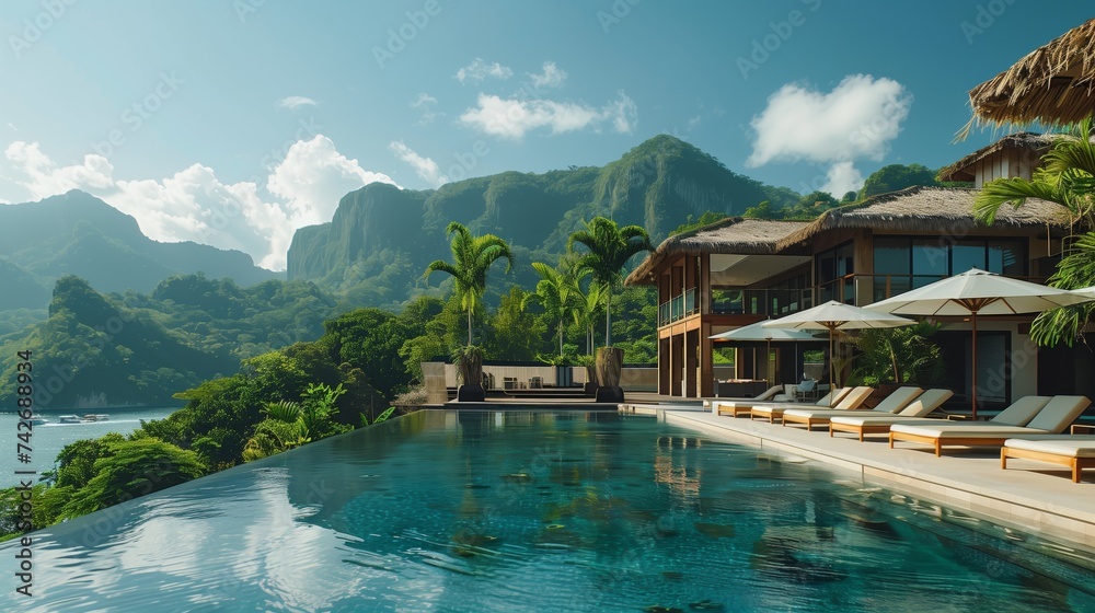 A secluded luxury resort with a sleek infinity pool offers a peaceful retreat in the heart of a verdant jungle landscape. A secluded luxury resort with a sleek infinity pool offers a peaceful retreat in the heart of a verdant jungle landscape.