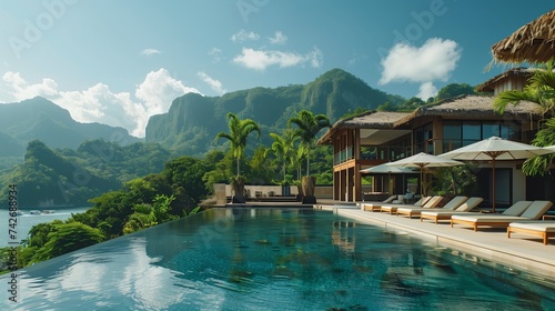 A secluded luxury resort with a sleek infinity pool offers a peaceful retreat in the heart of a verdant jungle landscape. © Old Man Stocker