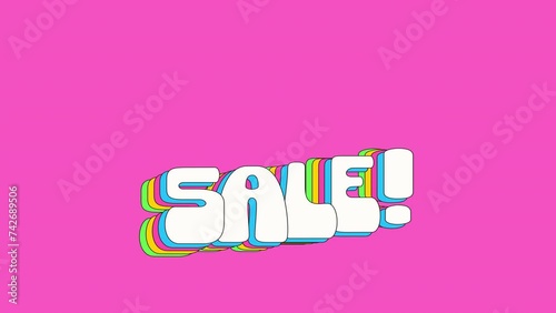 Sale - kinetic typography motion design. Pop art style, colorful cartoon animation. Concept of advertising, promo, discount. Catchy trendy neon colors.