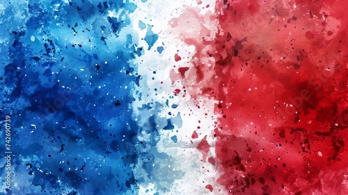 Watercolor abstract splashes background in France flag colors. Template for national holidays or celebration background.  photo