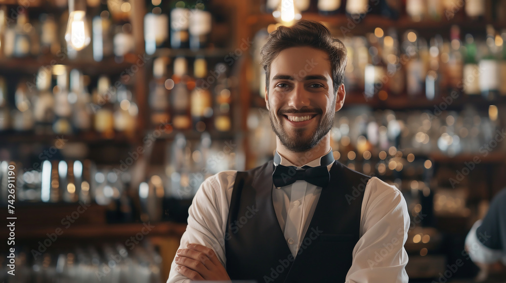 Close up portrait of barman in bar. Close up portrait of barman in bar.