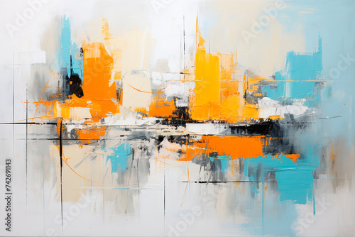 Abstract wall modern art, oil painting, blue and orange colors
