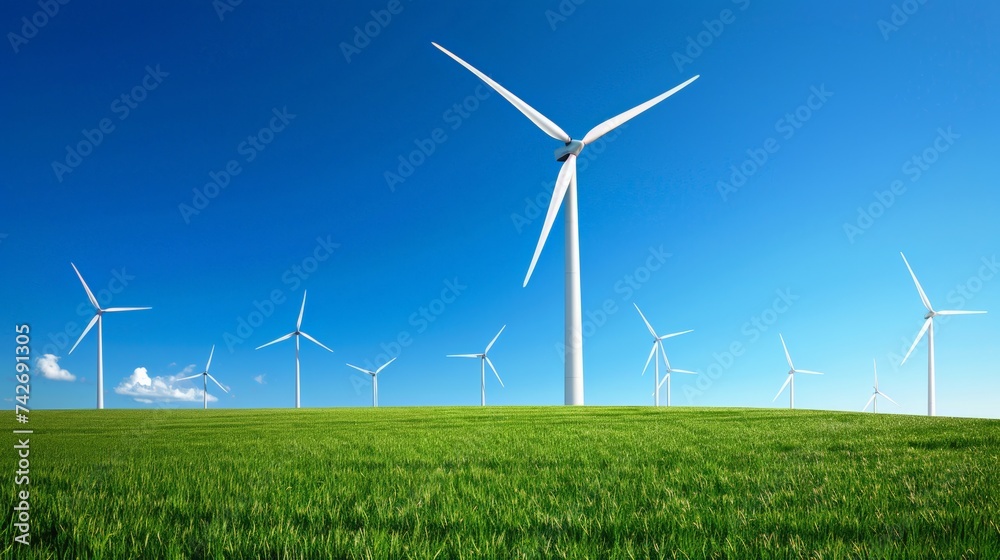 This image shows a wind farm that produces renewable energy under a clear blue sky. This image shows a wind farm that produces renewable energy under a clear blue sky.