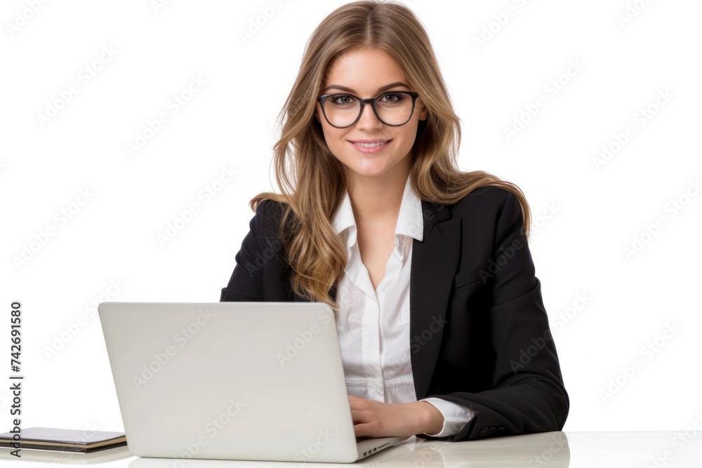 Smiling caucasian businesswoman watching on laptop computer during work at office. Smiling caucasian businesswoman watching on laptop computer during work at office.