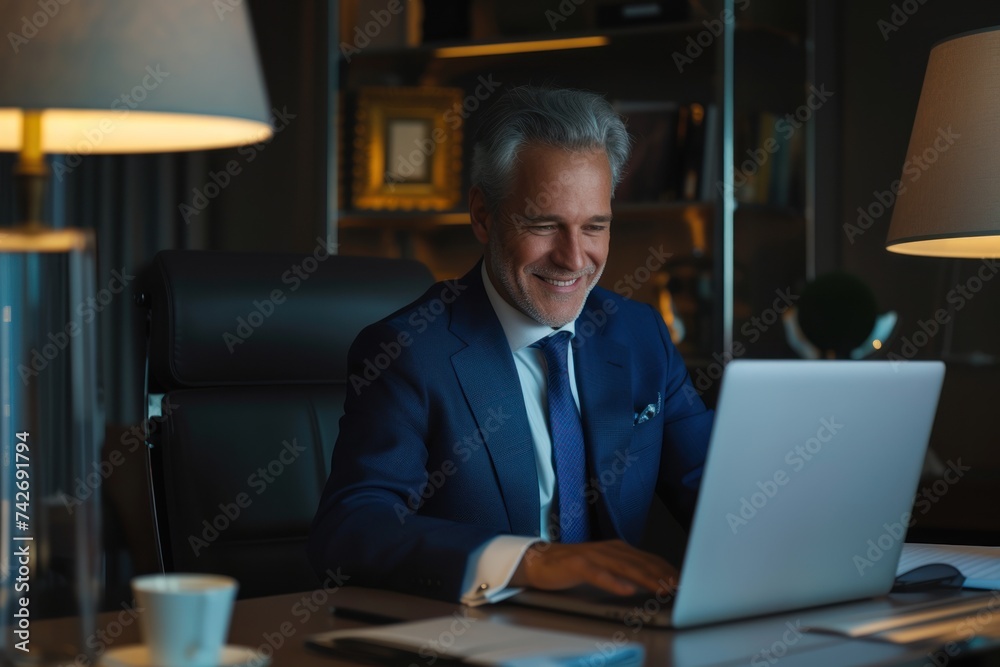 middle aged professional business man company executive ceo manager wearing blue suit sitting at desk in office working on laptop computer - obrazy, fototapety, plakaty 