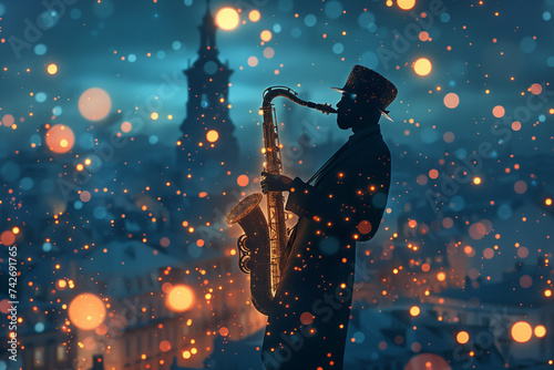 Silhouette of a man wearing a hat playing the saxophone in the lights on a night city background
