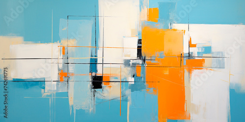 Abstract wall modern art, oil painting, blue and orange colors