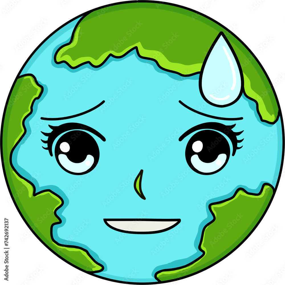 Worried Planet Earth: The globe personified with an anime-style face, conveys a sense of worry, illustrated by the sweating effect, highlighting climate change concern. Worried Planet Earth: The globe personified with an anime-style face, conveys a sense of worry, illustrated by the sweating effect, highlighting climate change concern.