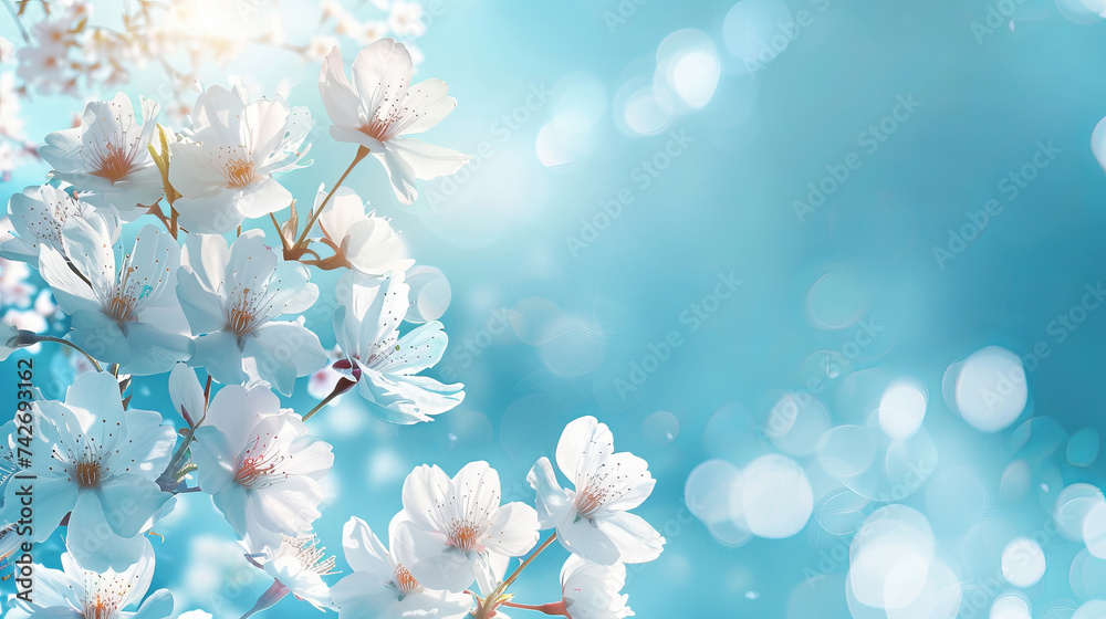 White flowers closeup on a blue background, banner with copy space, postcard