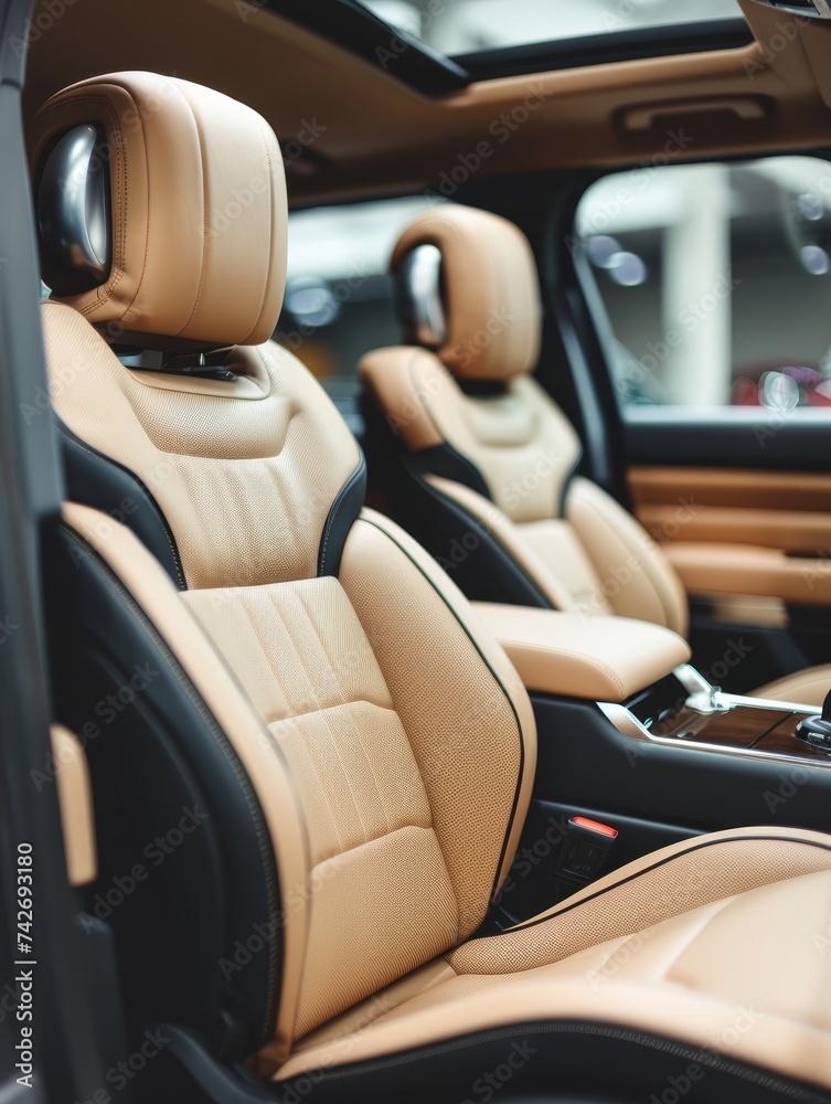 Elegance of a car's interior with beige leather seats, focusing on the luxurious comfort and stylish design that characterizes premium vehicles. The soft focus adds a dreamy quality to the scene.