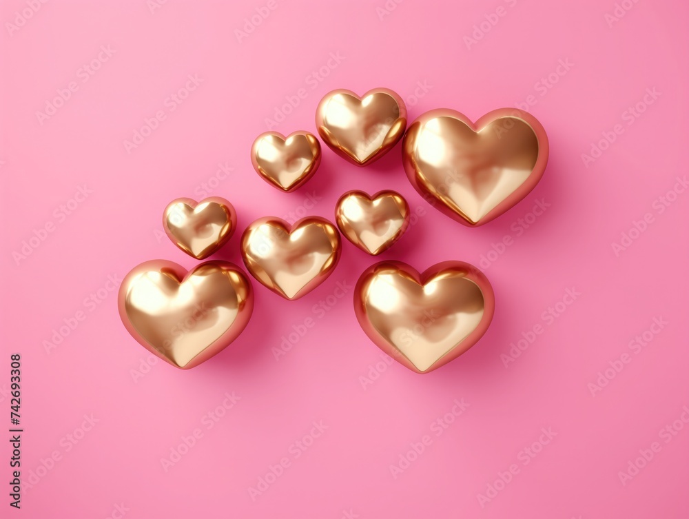 Fototapeta premium Golden hearts on a pink background.