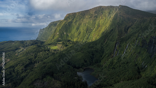 Azores landscape with waterfalls and cliffs in Flores island. Portugal.