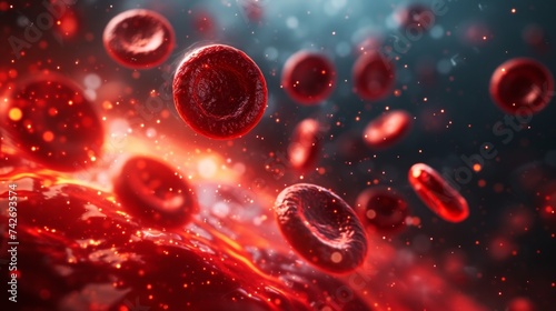 A close-up of red blood cells and molecules circulating within the body. The intricate workings of the circulatory system and the vital role of red blood cells in oxygen transport and overall health.