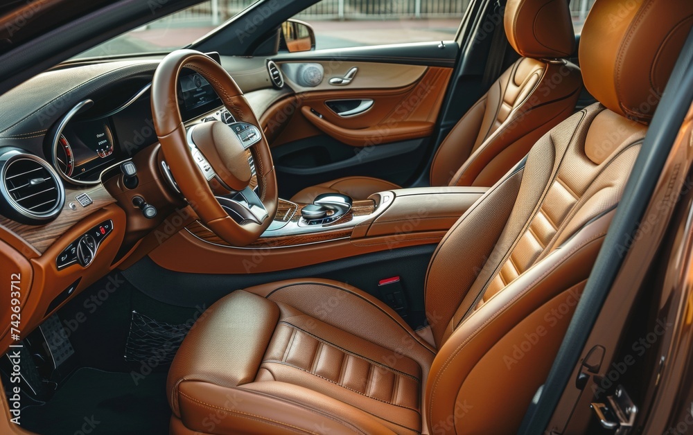 The cabin of this vehicle is a testament to luxury, with tanned leather seats and rich wood trim. Every detail speaks of quality and comfort.