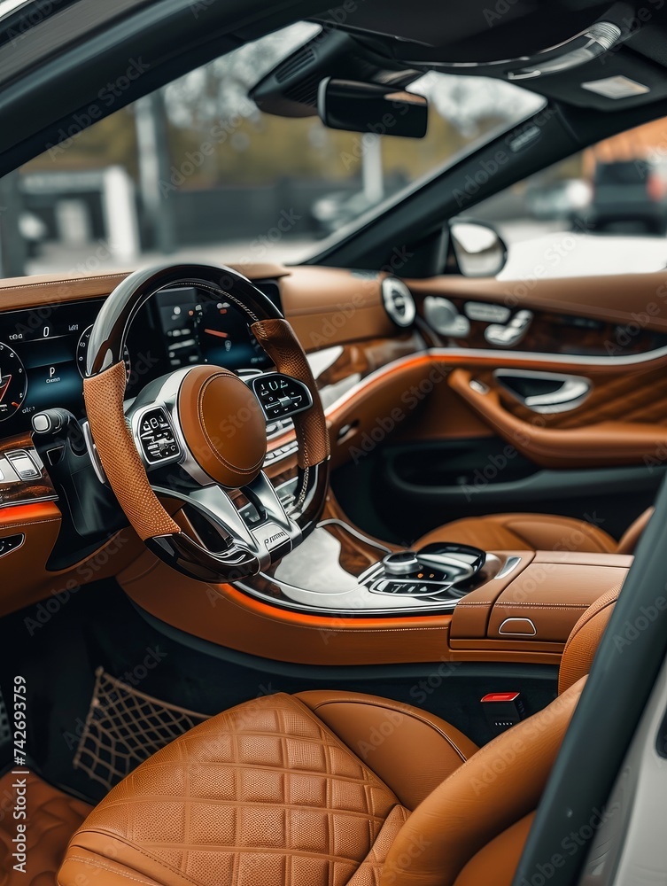 A luxurious car interior, enriched with polished wood accents and tan leather, offers a sanctuary of sophistication on the road.