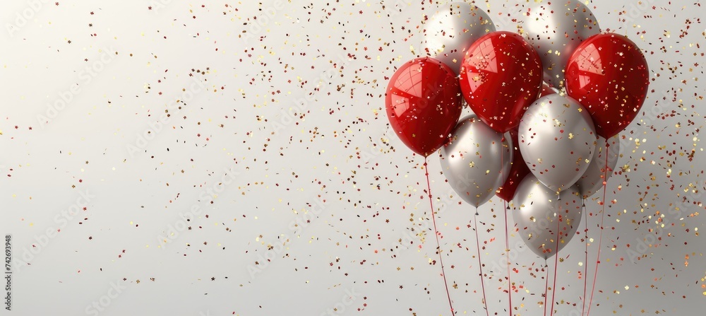 Gold and red balloons and sparkly confetti on a white background. Celebration - obrazy, fototapety, plakaty 