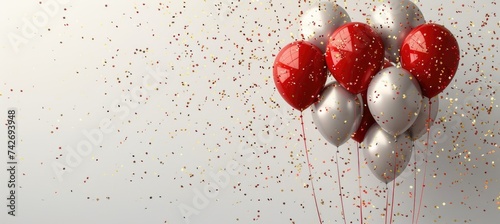 Gold and red balloons and sparkly confetti on a white background. Celebration