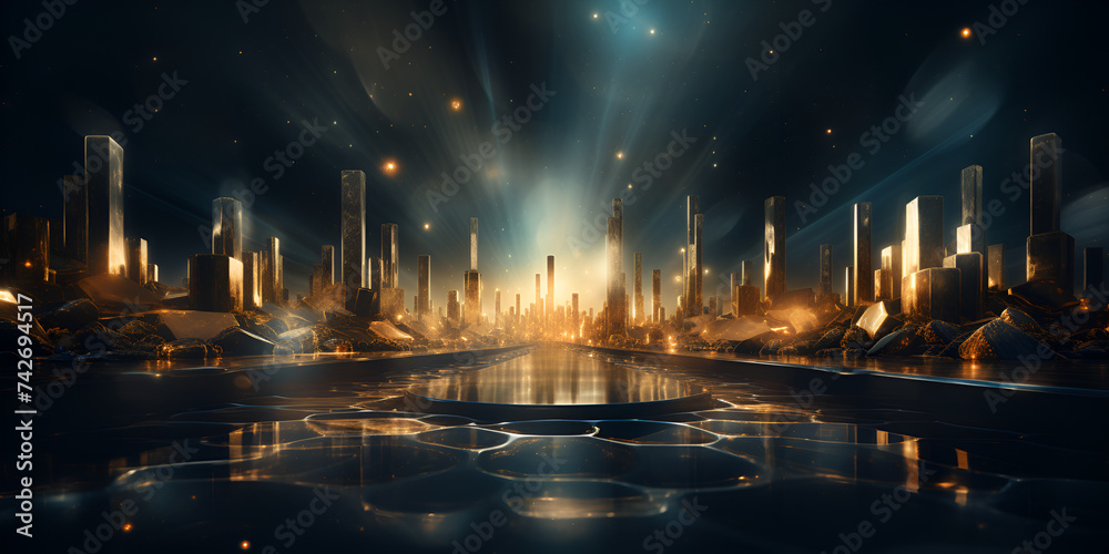 A futuristic city with a large tower in the middle
