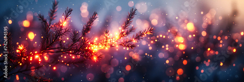 Festive Winter Night: Christmas Tree in a Snowy Scene, Bathed in the Glow of Holiday Lights