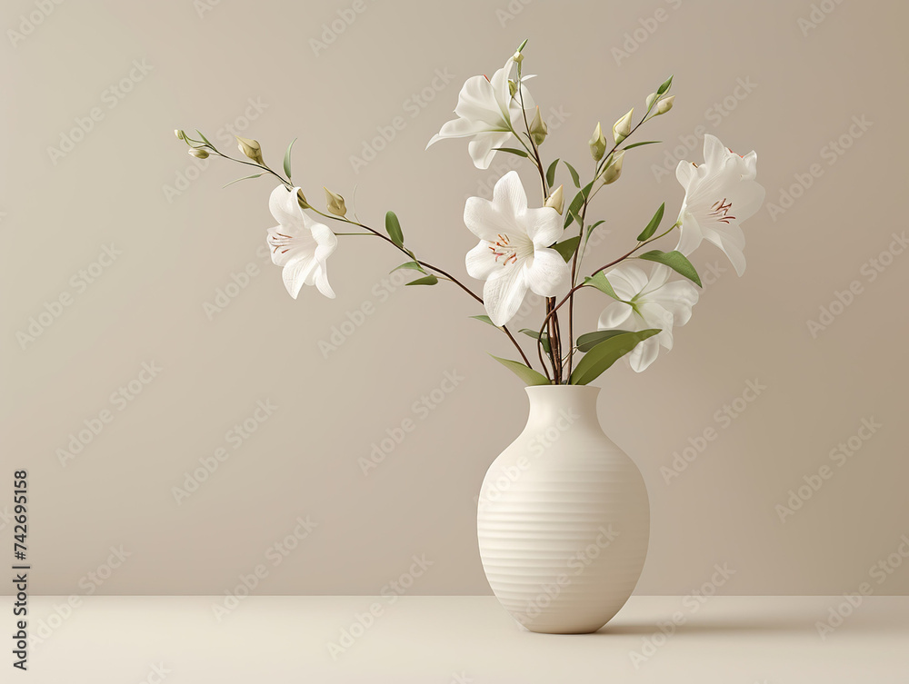 Arrangement of white lilies in a textured vase, presenting a blend of purity and sophistication in a minimalist setting. 