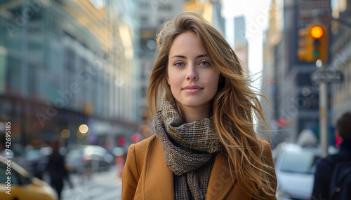 A stylish woman in a warm winter coat and scarf confidently strides through the cool cityscape, her hair swept by the brisk city air. 