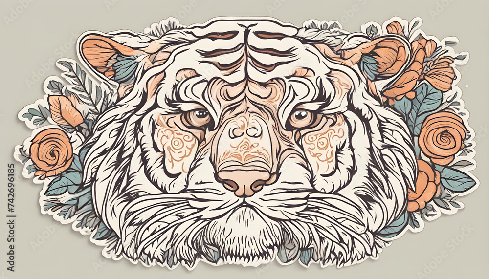 Happy Tiger Sticker in Soft Colors - Folk Art Vector Design Happy Tiger Sticker in Soft Colors - Folk Art Vector Design