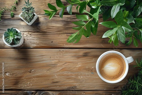 a white coffee cup on a wooden table with green plants