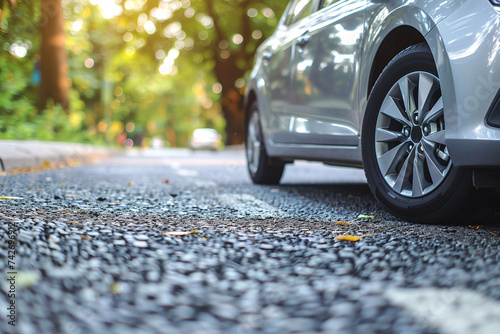 Close-up of a silver car's front wheel parked on an asphalt road, surrounded by trees with sunlight filtering through..
