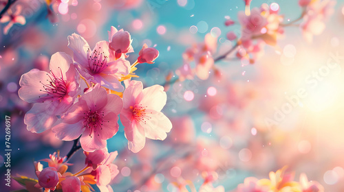 Blooming cherry blossom against a blue sky background with blur and bokeh, copy space. Banner