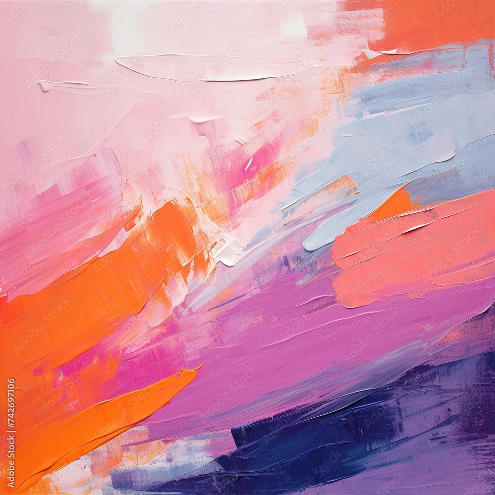 Vibrant abstract acrylic painting with expressive brushstrokes and a harmonious blend of pink, purple, and orange hues, ideal for modern decor