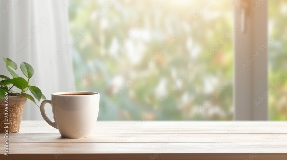 The cup on the wooden table in the living room The cup on the wooden table in the living room