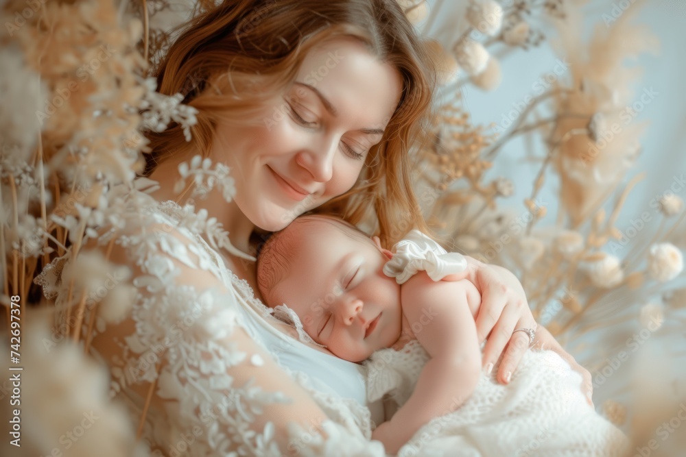 realistic photo of a elegant mom hugging a new born baby, bright background, hygge style, smile happily realistic photo of a elegant mom hugging a new born baby, bright background, hygge style, smile happily