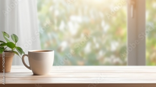 The cup on the wooden table in the living room